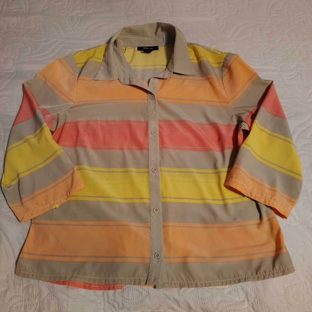 Striped Button-Up Shirt in Orange, Yellow and Pink